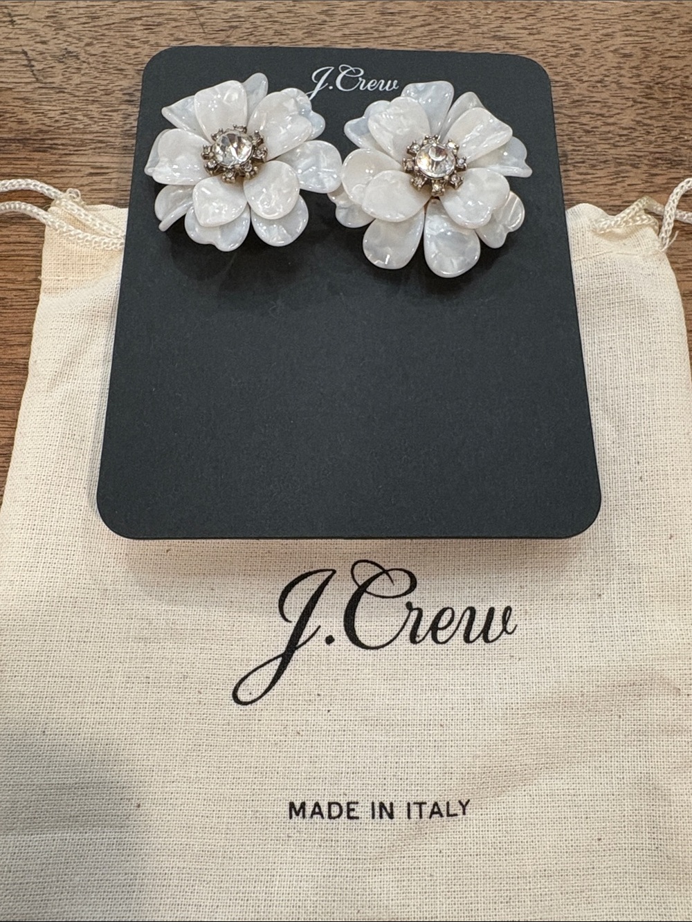 J. Crew Pearl White Floral Cluster Earrings with Rhinestone Center NEW